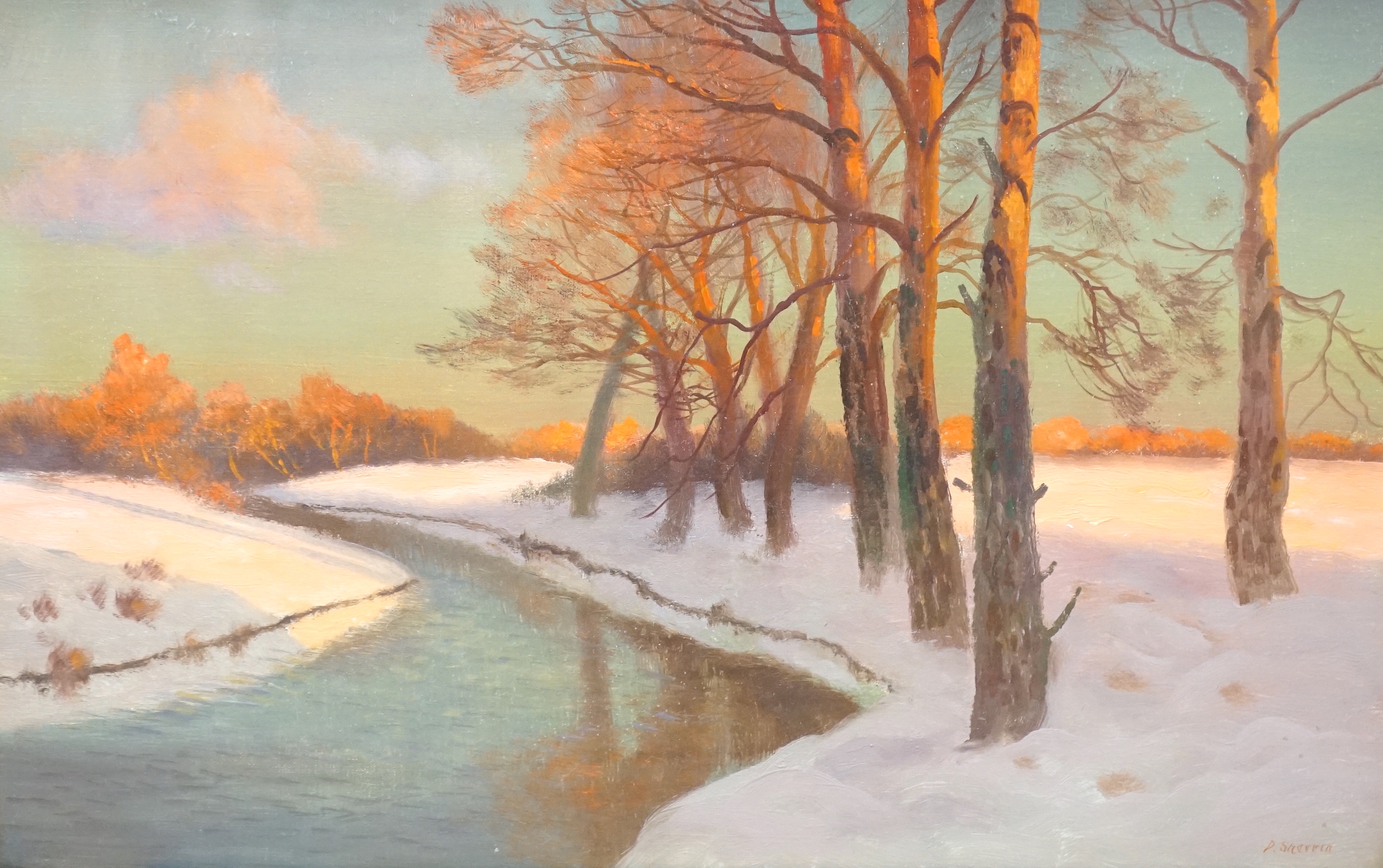 Daniel Sherrin (1868-1940), oil on canvas, Winter riverscape, signed, plaque to the frame inscribed 'Lone Sentinels', 39 x 60cm